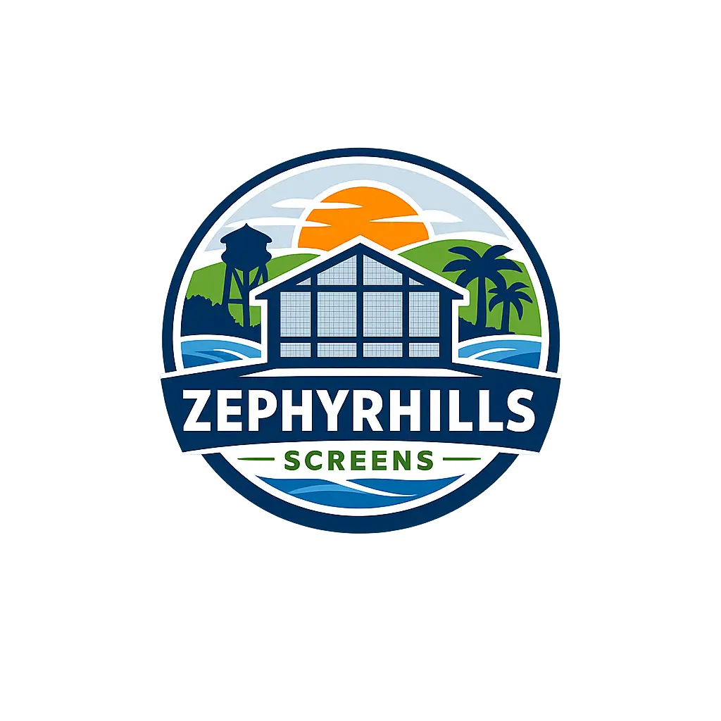 Zephyrhills Screens logo featuring patio screen enclosure, palm trees, and sunset emblem